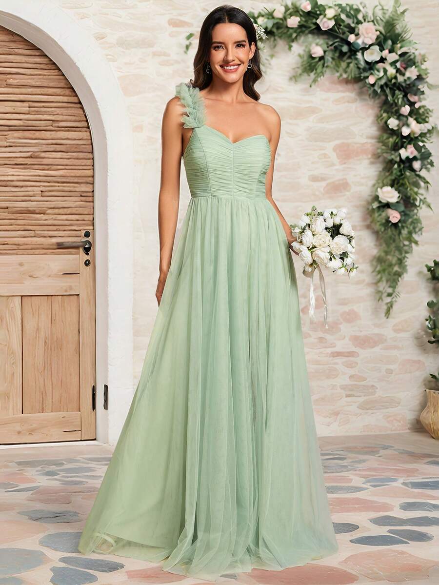 EVERPRETTY 优雅春季不对称单肩高开衩薄纱鼠尾草绿伴娘礼服，婚礼宾客礼服