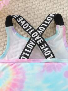 2pcs Girls Outfit: Sleeveless Letter Print Cropped Top And Tie Dye Gradient Print Casual Shorts, Summer Fashion Sports Suit