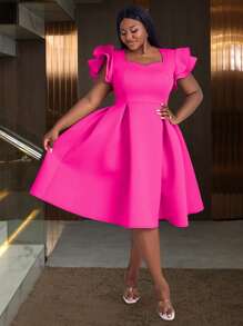 大码女式甜心领盖袖褶皱秋千生日派对毕业礼服，适合生日、婚礼宾客、毕业典礼、晚宴、返校节