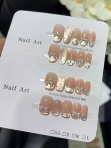 10 片法式粉色猫眼蓝色波尔卡圆点手工假指甲，手工指甲贴片，适合清新可爱的女孩约会，按压指甲，美甲用品，指甲 - 粉色 - 查看 2