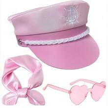 3er Set Yacht Urlaubs-Thema: Rosa Matrosenmütze mit Schal; Süße Herzbrille; Modische Marine Kappe Basis Set, Urlaubsspaß Cosplay Party Requisiten & Accessoires für Frauen Halloween