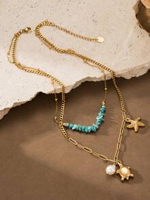 不锈钢波西米亚海龟和海星搭配绿松石点缀多层项链，适合海滩、度假、情人节礼物 - 雙層項鍊 - 查看 3