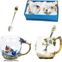 Tea Cup Glass Coffee Mugs,Fancy Tea Cup Set Birthday Christmas Valentine's Day Gift Idea For Tea Lover And Women Novelty Coffee Mugs Rose Flower Enamel Tea Cup Glass Mug With Spoon Set - Blue rose & butterfly daisy cup - View 1