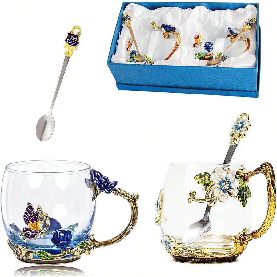 Tea Cup Glass Coffee Mugs,Fancy Tea Cup Set Birthday Christmas Valentine's Day Gift Idea For Tea Lover And Women Novelty Coffee Mugs Rose Flower Enamel Tea Cup Glass Mug With Spoon Set - Blue rose & butterfly daisy cup - View 1