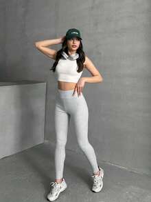 OYGA Quần legging cạp cao đơn giản đa năng - Xám - Xem 3