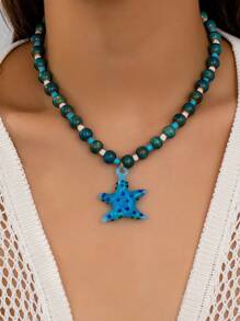1 Pc Summer Glass Starfish Pendant Necklace, Bohemian Beaded Necklace With Starfish Charms, Women Jewelry Necklaces Suitable For Beach, Travel, Photoshoot, Vacation Accessories (Handmade, Shape And Color Have Randomness)