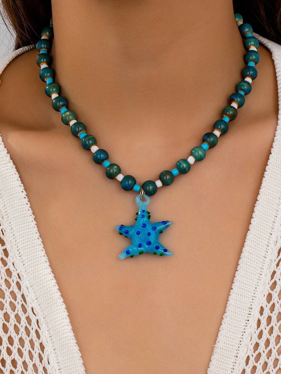 1 Pc Summer Glass Starfish Pendant Necklace, Bohemian Beaded Necklace With Starfish Charms, Women Jewelry Necklaces Suitable For Beach, Travel, Photoshoot, Vacation Accessories (Handmade, Shape And Color Have Randomness)