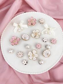 18pcs White ABS Pearl Bow, Pink ABS Pearl Flower, White ABS Pearl Shell, Flower, ABS Pearl Shoe Clips DIY Decorative Accessories, Suitable For Women's Sandals, Slippers, Beach Bags, Ideal Gift For Holidays And Birthday Parties