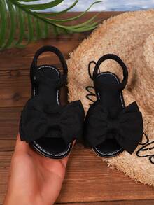 1 Pair White Girls' Sandals, New Bowknot Princess Shoes, Elastic Band Design, Soft Sole Casual Beach Shoes, Essential For Summer - Black - View 8
