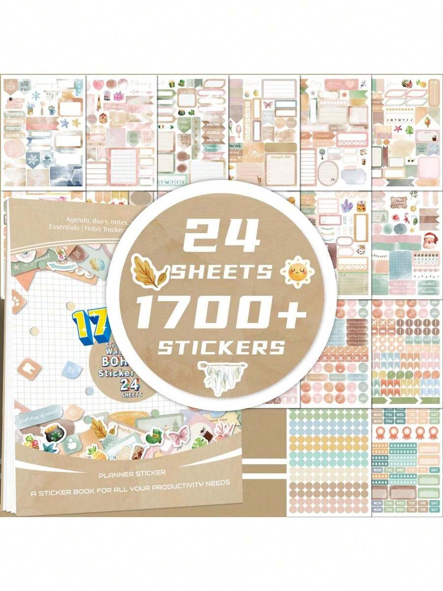 1700 张用于节日和日程安排的计划贴纸、备忘录和便笺贴纸、复古波西米亚主题贴纸、波尔卡圆点贴纸、季节性贴纸、便利提醒贴纸，用于剪贴簿、日记、手机壳和行李装饰，通过制定具体计划，管理时间，提高效率，增强自律，最终实现您的梦想和目标。