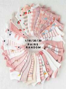 1 Pair/10 Pairs/20 Pairs/30 Pairs Of Random Spring And Summer Style Pink Candy Color Cute Cat Strawberry Flower Japanese Sweet Cute Ins Style Girls Campus Sports Daily Versatile Soft Skin Friendly Comfortable Sweat Absorbing Breathable Women's Short Socks