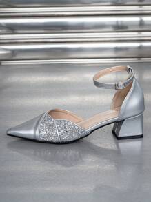Women Elegant Silver Sandals High-Heeled Shoes Comfortable Pointed Toe Mary Jane Mid-Heel Closed Toe Summer Shoes