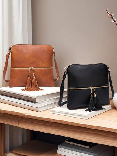 A Crossbody Bag With Tassels Bags For Women Fashion Lightweight Large Capacity Crossbody Bags For Women Tassel Decor Square Bag With Adjustable Shoulder Strap Minimalist Casual Small Zipper Vintage Shoulder Bag Clutch Purse For Lady