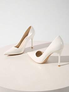 Fall/Winter 10cm High Heel Women's Glossy Pure White Pointed Toe Low Vamp Leather Pumps, Sexy Party, Nightclub, Wedding, Work And Daily Wear,Elegant,Stiletto Heels - White - View 3