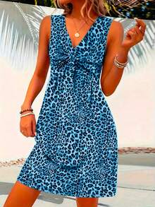 Chic Leopard Print Sleeveless Midi Dress, V-Neck Tie Front Dress