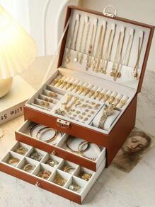 3-Layer Large Capacity Jewelry Storage Box, Portable Jewelry Storage Box, Dressing Table With Drawer Jewelry Storage Box, Gift Leather Jewelry Box, Exquisite Display Packaging Storage Container Back To School