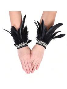 1 Pair Feather & Faux Pearl Cuff Fingerless Gloves, Fashion Costume Accessory For Parties, Balls, Makeup Halloween Halloween Accessories - Multicolor - View 14