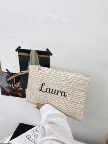 1pc Customized Women's Straw Clutch Bag, Can Customize Your Name, Bohemian Summer Beach Bag With Zipper, Wrist Strap Wallet, Fits Phone, Coins & Keys - Lightweight, Washable, Polyester Lining - Khaki/Beige, Beach Accessory | Bohemian Style | Woven Material, Beach Bag - Multicolor - View 7