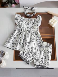 3pcs/Set Baby Girl Princess Style Summer Outfit, Includes Sleeveless Dress, Top And Pants With Headband