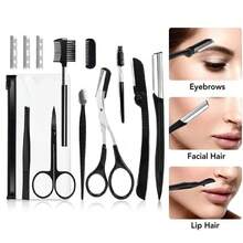12PCS Black Eyebrow Trimmer Set Eyebrow Razor Kit Eyebrow Scissors Eyebrow Comb Razor For Face Tweezers Eyelash Eyelash Brush - Black - View 1