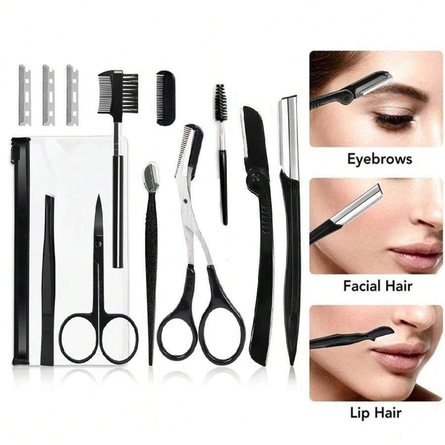 12PCS Black Eyebrow Trimmer Set Eyebrow Razor Kit Eyebrow Scissors Eyebrow Comb Razor For Face Tweezers Eyelash Eyelash Brush - Black - View 1