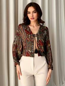 Blusa manga larga mujer dama elastico ruedo puños manga estampado abertura hippie pompones pompon tela suave fresca ligera primavera verano conciertos - GRECAS - Ver 1