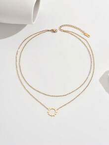 1pc Double-Layer Gold Pendant Necklace, Unique & Charming, Simple & Fashionable, Versatile, Suitable For Various Occasions - Yellow Gold - View 4