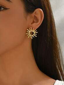 1 对时尚高品质优雅简约独特向日葵设计耳钉，适合女性日常佩戴 - 金色 - 查看 3