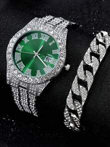3PCS Men's Simple Quartz Watch Set Rhinestones Round Dial, With Personalized Cross Pendant Necklace And Chain Bracelet ,Suitable For Daily Wear - Silver - View 2