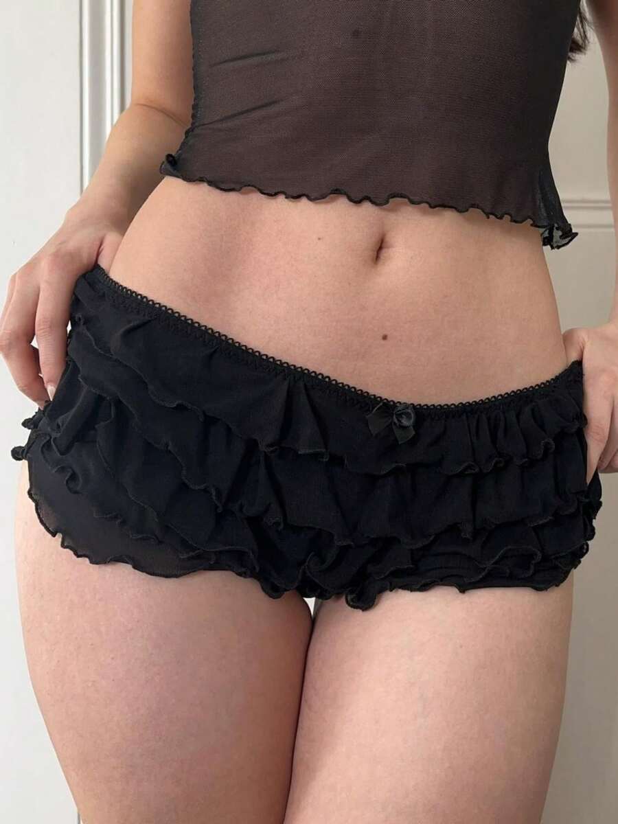 Women's Summer Fashion Slim Solid Color Low Waist Mini Multi Layered Ruffled Shorts For Daily Streetwear Vacation - Black - View 1