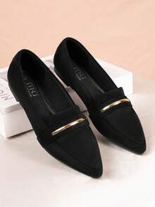 Women's Flat Metal Decoration Mule Shoes Black Nude Pointed Toe One Stirrup Detail Backless Design Elegant And Comfortable Shoes - 黑色樂福鞋絨面 - 查看 12