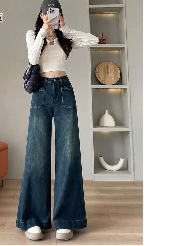 Flare Pants For Women, Wide Denim, Street Style, Jeans, High Waist, Pockets, Slender Lines, Elegant, Fashionable, Stylish, Casual, Roomy, Beautiful, Elegant, Summer, Spring, Autumn - Nostalgic Blue - View 2