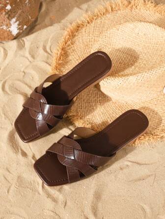 2025 New Women's Fashion Flat Sandals, Simple Square Toe Casual/Holiday Slip-On Flats, Animal Print Strap Crossover, Solid Color