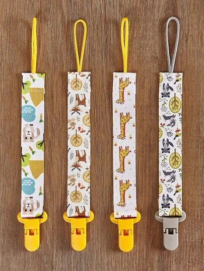 4 件双面花卉奶嘴夹，女婴牙胶玩具牵引绳，奶嘴和玩具防掉链，咀嚼趣味夹，图案随机