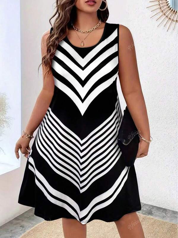 Summer Plus Size Striped Pattern Camisole Slip Dress Beach Outfits For Woman,Women's All-Over Print Sleeveless Mini Dress - Round Neck Casual Sundress, Flowy Summer Daily Dress, Beach Vacation Tank Dress For Women