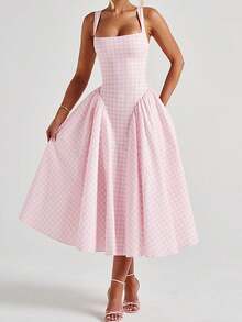 Women Sleeveless Corset Dress Summer Plaid Print Backless A-Line Party Dress For Vacation Cocktail Beach Streetwear - 粉色 - 查看 2