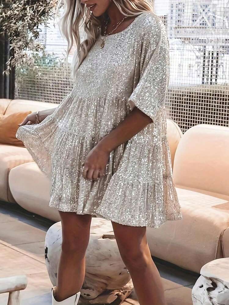 Women's Round Neck Mid-Sleeve Fashionable Ruffle Hem Sequin Summer Dress Elegant - Silver - View 3