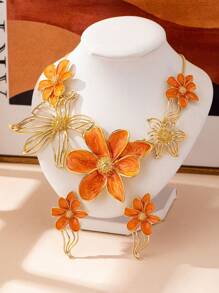Set de 3 piezas de collar con colgante de flor esmaltada de metal elegante y juego de aretes, adecuado para atuendo diario y festivo de damas, regalo