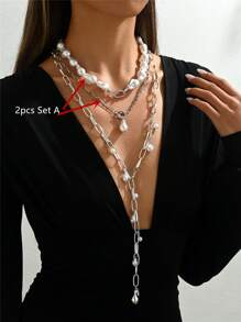 1-3pcs Bohemia Gold Layed Necklace, Pearl Exaggarate Long Necklace, Baroque Pearl Necklac, Vintage Necklace, Party,Daily, Vacation Necklace Set Woman Gift