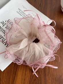 3pcs Elegant & Sweet Bowknot Lace Mesh Ruffle Ribbon Hair Scrunchies, Hair Ties For Women Scrunchy Hair Ties ,Head Piece