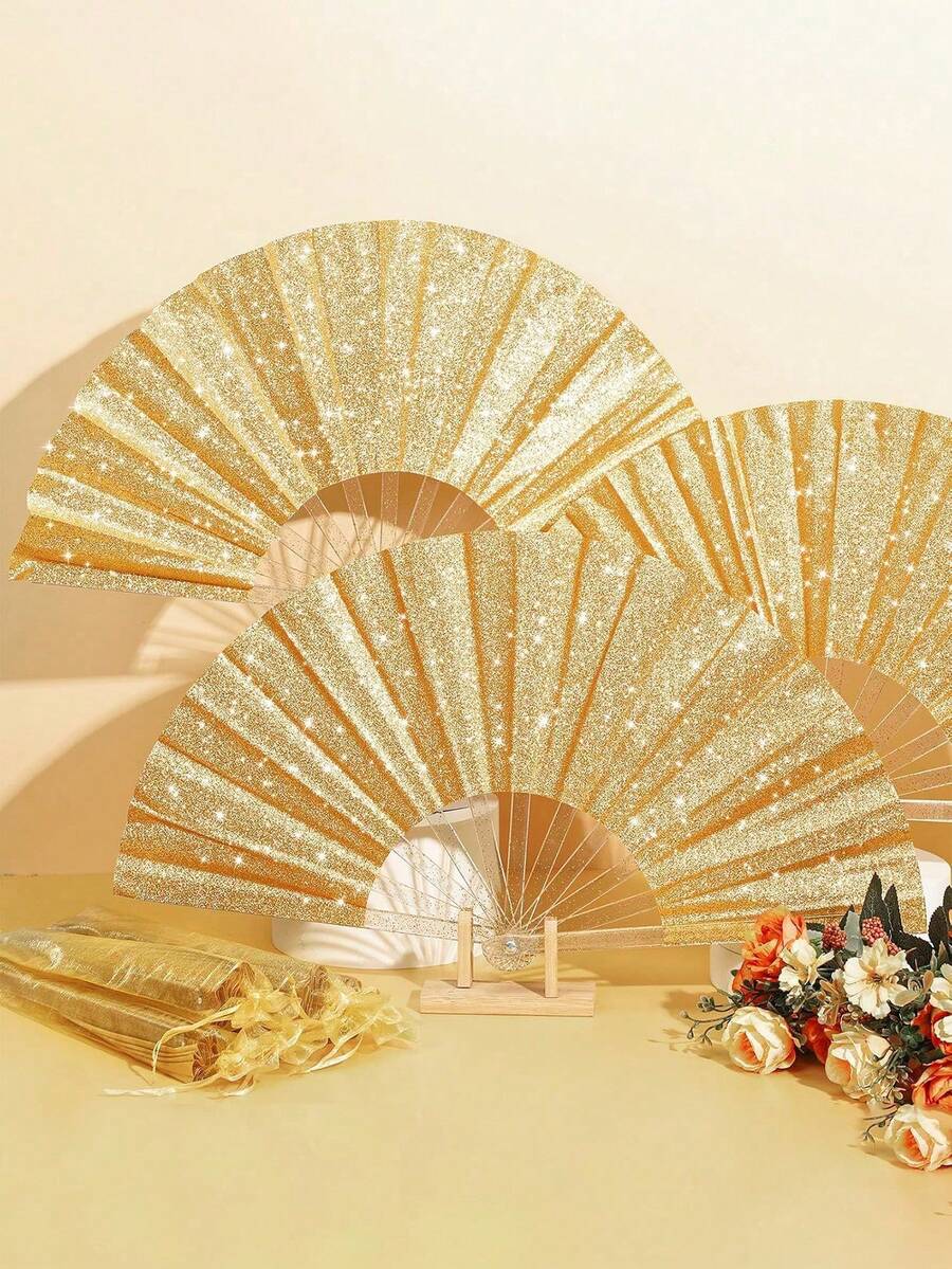 1pc Glitter Large Folding Hand Fan, Rave Retro Chinese Folding Hand Fan, Chinese Tai Chi Kung Fu Fan Decorative Folding Fan, For Festivals, Club, Dancing, Hot Flashes, Church, Gift,Spring Summer Picks,Brides Maid Gifts,Room,Bedroom Decor,Beach,Travel,For Men,For Women,Vacation - Multicolor - View 1