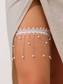 1 件时尚性感女士腿链，蕾丝流苏仿珍珠腿手链，弹性大腿链吊袜带，适合海滩、旅行、度假、狂欢 - 白色 - 查看 4