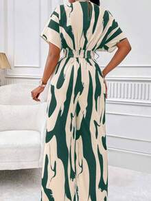 Women's Color Block Print V-Neck Short Sleeve Jumpsuit - Green - View 4