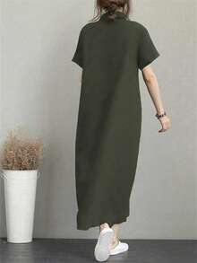 Polo 衫短袖女式 T 恤连衣裙宽松中长连衣裙及膝摆夏季连衣裙休闲连衣裙带口袋 - 軍綠色 - 查看 2
