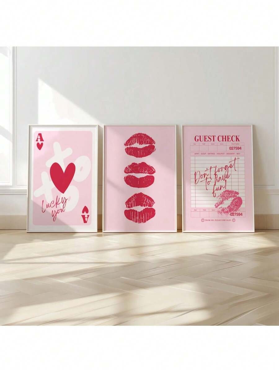 Retro Set Of 3 Wall Art Ace Card Print Lips Poster Guest Check Maximalist Gallery Eclectic Wallart Gift For Couples 70s Canvas Painting Posters And Prints Wall Art Pictures For Living Room Decoration Optional Frame ,Wall Art With Frame - 3pcs/set - View 1