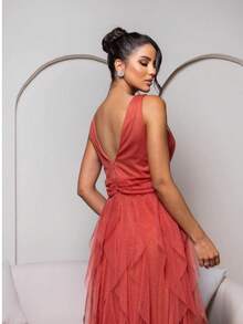 Long Party Dress With Sparkle And Cascading Skirt With V-Neckline - Đất nung - Xem 8