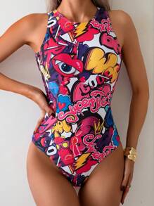 Maiô feminino sexy com costas nuas e letras gráficas, para férias de verão