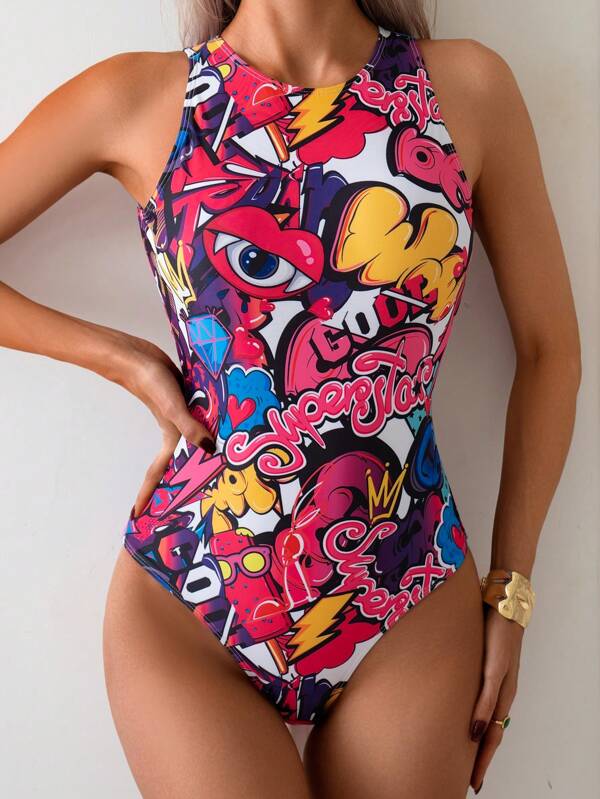 Women's Sexy Tie Backless One-Piece Letter Graphic Swimsuit, For Summer Vacation