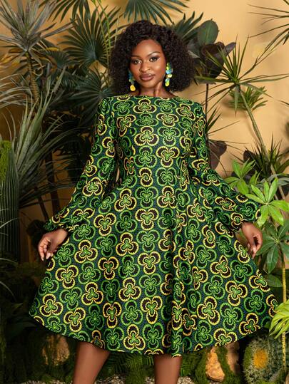 Women's Floral Boat Neck Lantern Sleeve Midi Dress - Lightweight Flowy Summer Dress With Relaxed Fit For Vacation Getaways, Beach Days, Weekend Brunch, City Strolls & Resort Wear