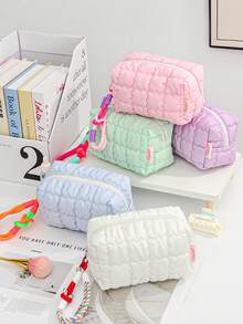 1 Piece Candy Color Large Capacity Makeup Bag With Zipper Handle Quilted Wrist Cosmetic Bag For Women,Make Up Pouch For Purse,Toiletry Zipper Pouch With Lanyard,Checkered Bag,Travel Bag Student Pencil Case Portable Cosmetic Brushes Storage Pouches For Mother's Day Gift ,Valentine's Day Gift,Birthday Gift - Multicolor - View 2